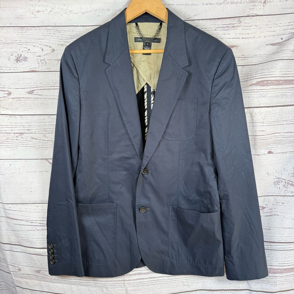 Marc by Marc Jacobs Men's Navy Blazer Shrunken Fit Classic Two-Button Size S